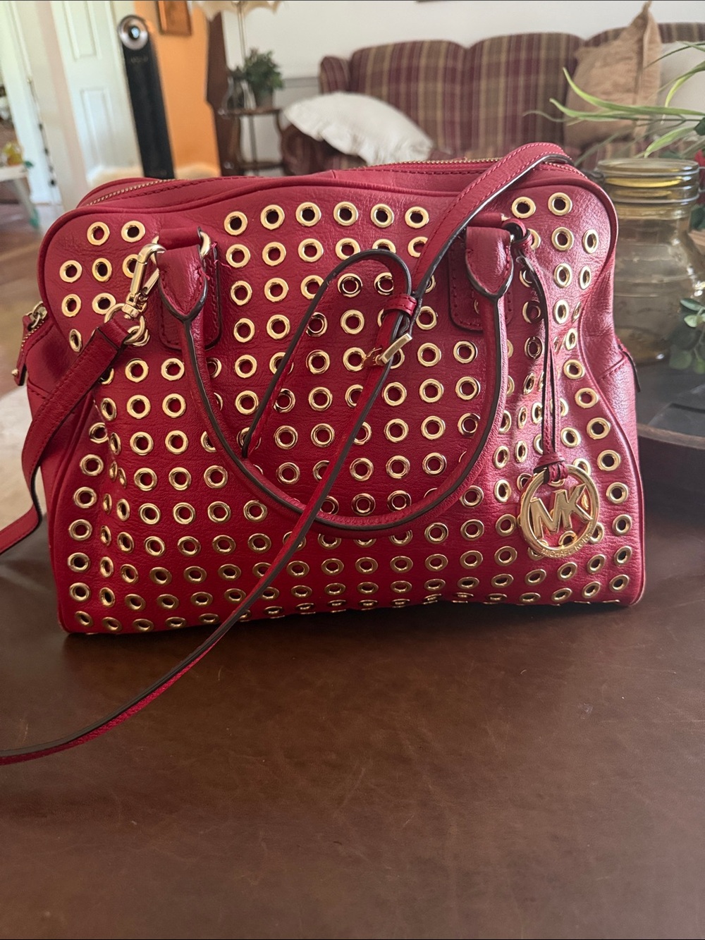 Michael Kors Red Leather Grommet Satchel with Gold Hardware